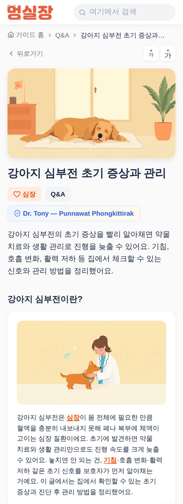 멍실장에 발행된 동물병원 건강정보 콘텐츠 모바일 화면: 강아지 심부전 초기 증상과 관리
